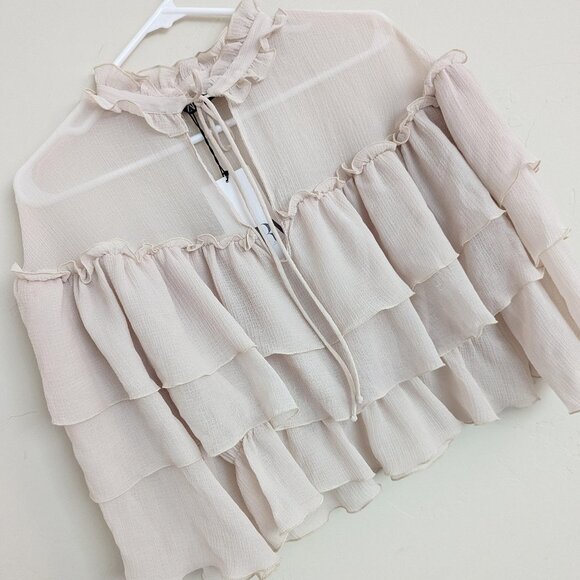 NWT. Zara Cream Semi-Sheer Blouse with Ruffles. Size L. - Picture 6 of 8